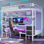 Loft Bed Desk Storage Drawers LED USB - White Iron Frame