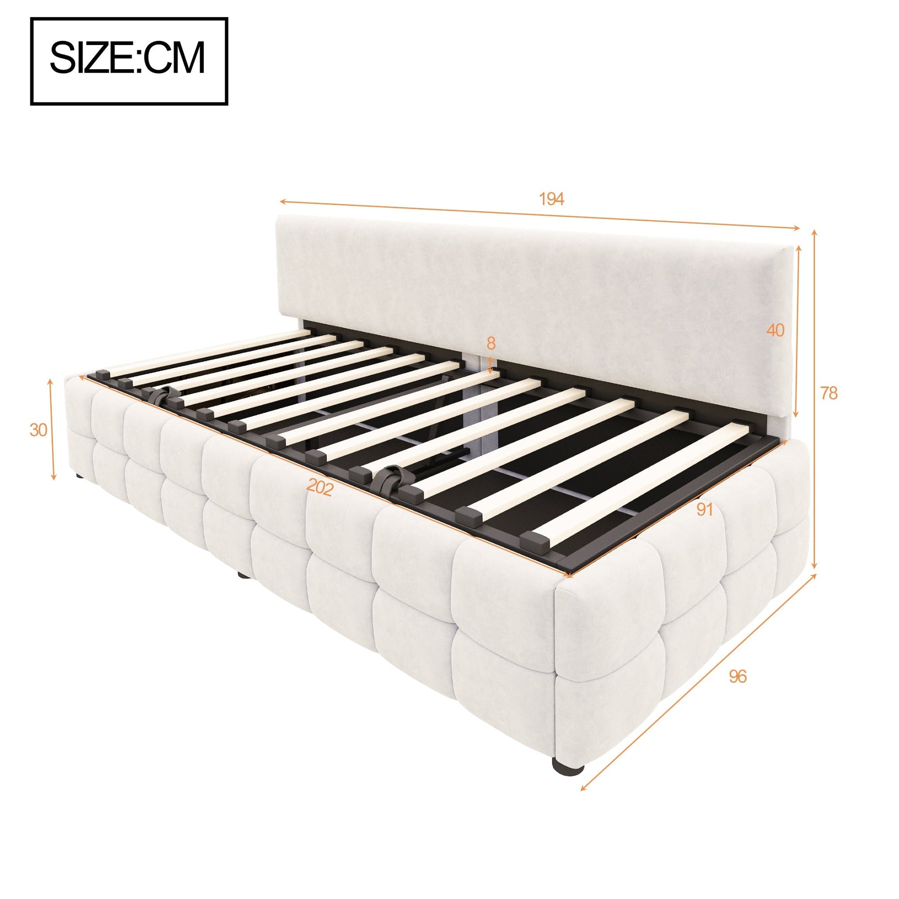 Upholstered Single Sofa Bed 90x200cm Hydraulic Storage Check Pattern - Beige Velvet