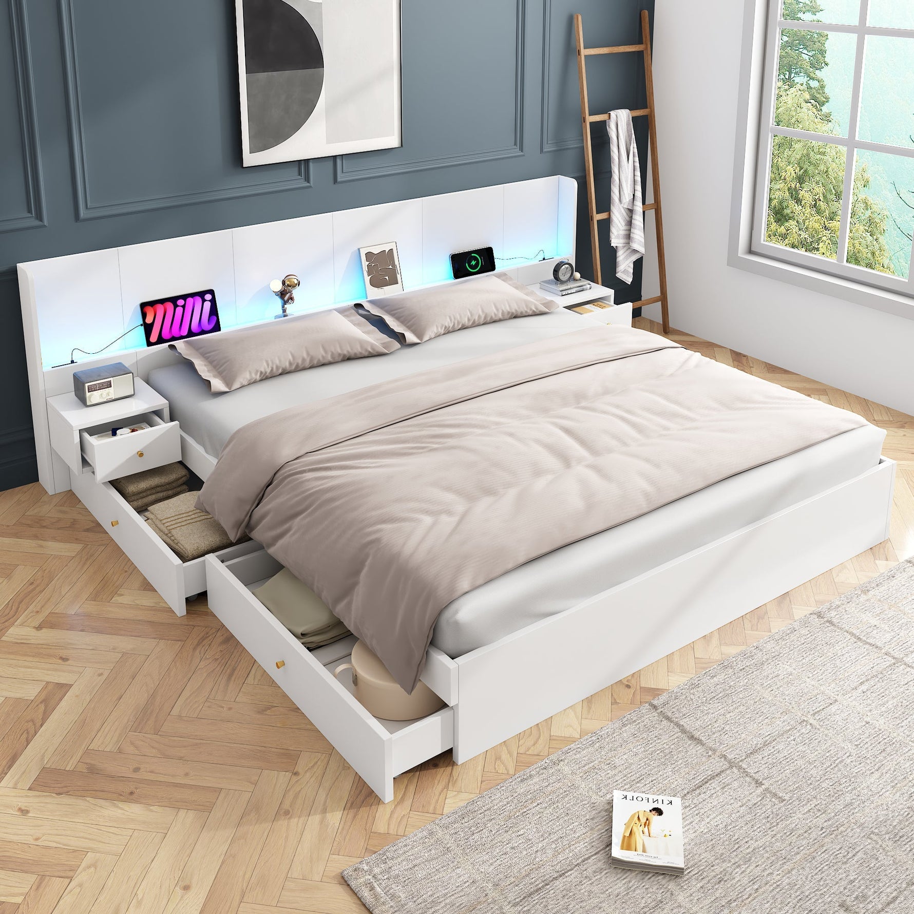 Double Bed 180x200cm LED USB App Control 2 Nightstands Storage - White Wood