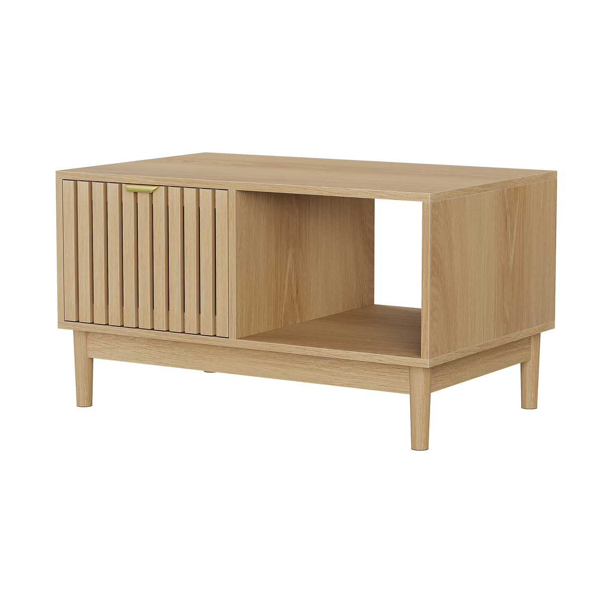 Mid-Century Modern Coffee Table with Drawer and Open Shelves, 80cm, Oak Color