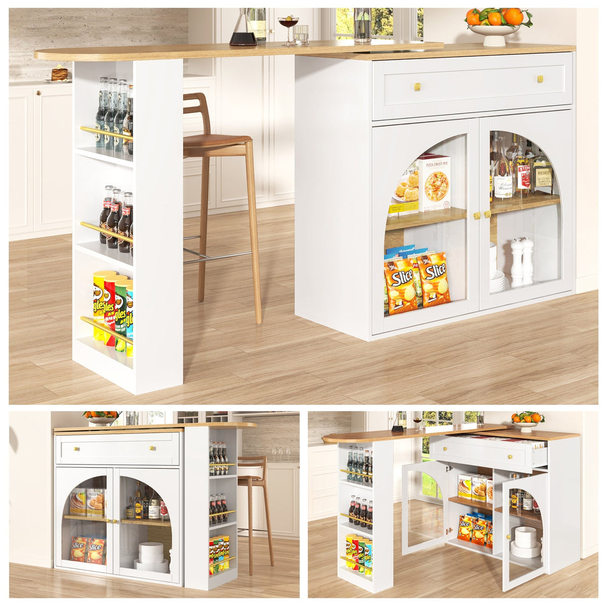 Bar Table Extendable 360° Rotating Storage with Shelves & Glass - White