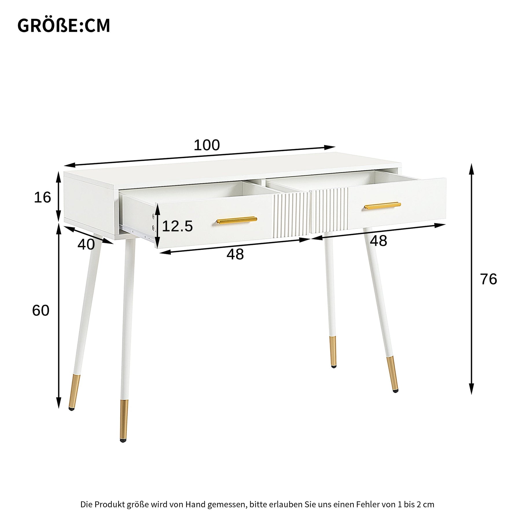 Dressing Table with 2 Drawers, Metal Feet, White