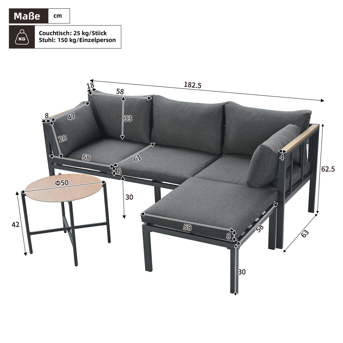 Garden Furniture Set Corner Suite with Sofa, Table & Stool, Grey