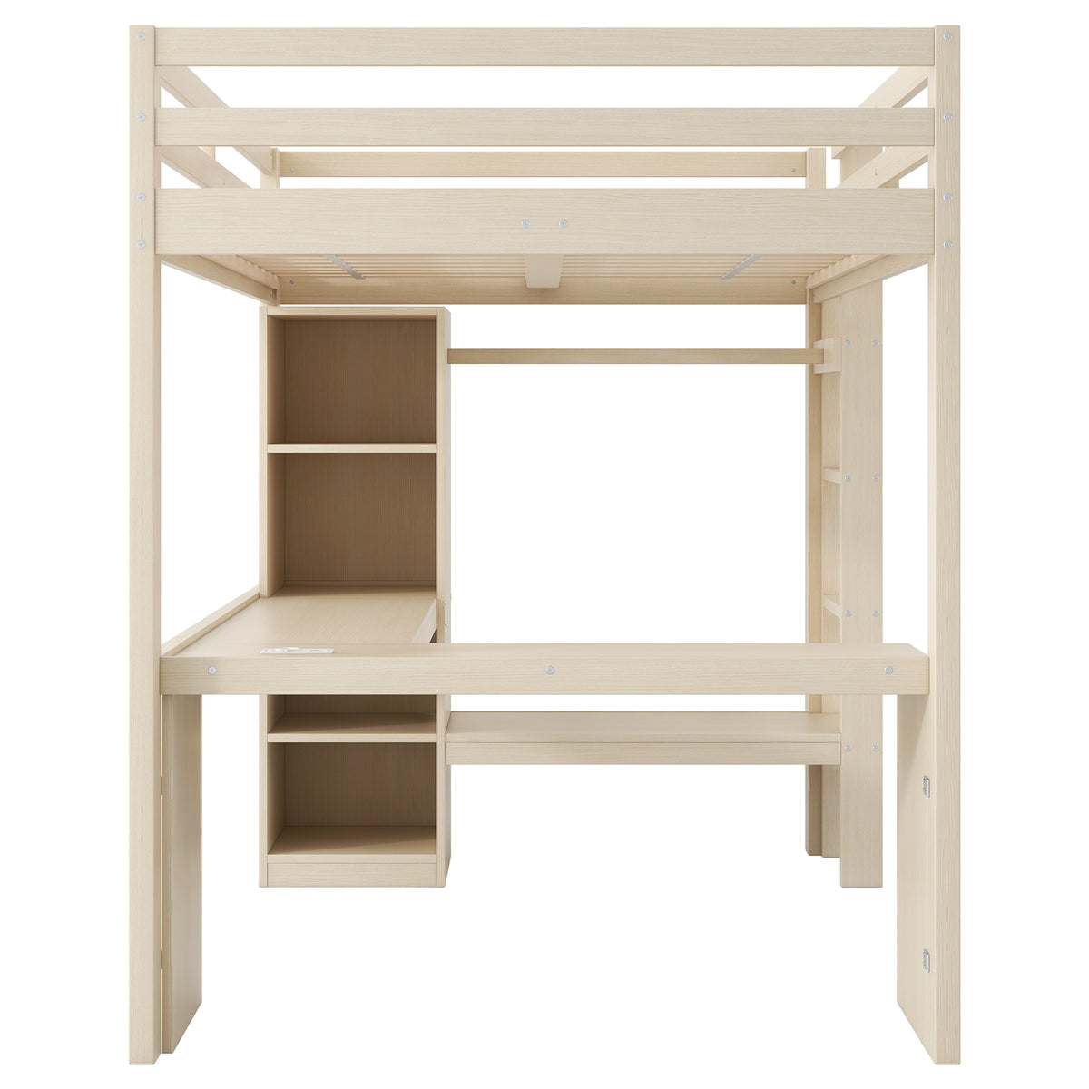 Loft Bed 140x200 with Desk, Shelves, LED & USB Port - Natural
