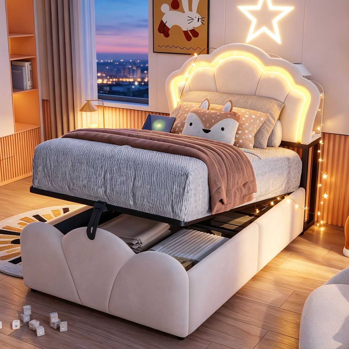 Upholstered Bed 90x200cm with Hydraulic Storage & LED, Beige Velvet
