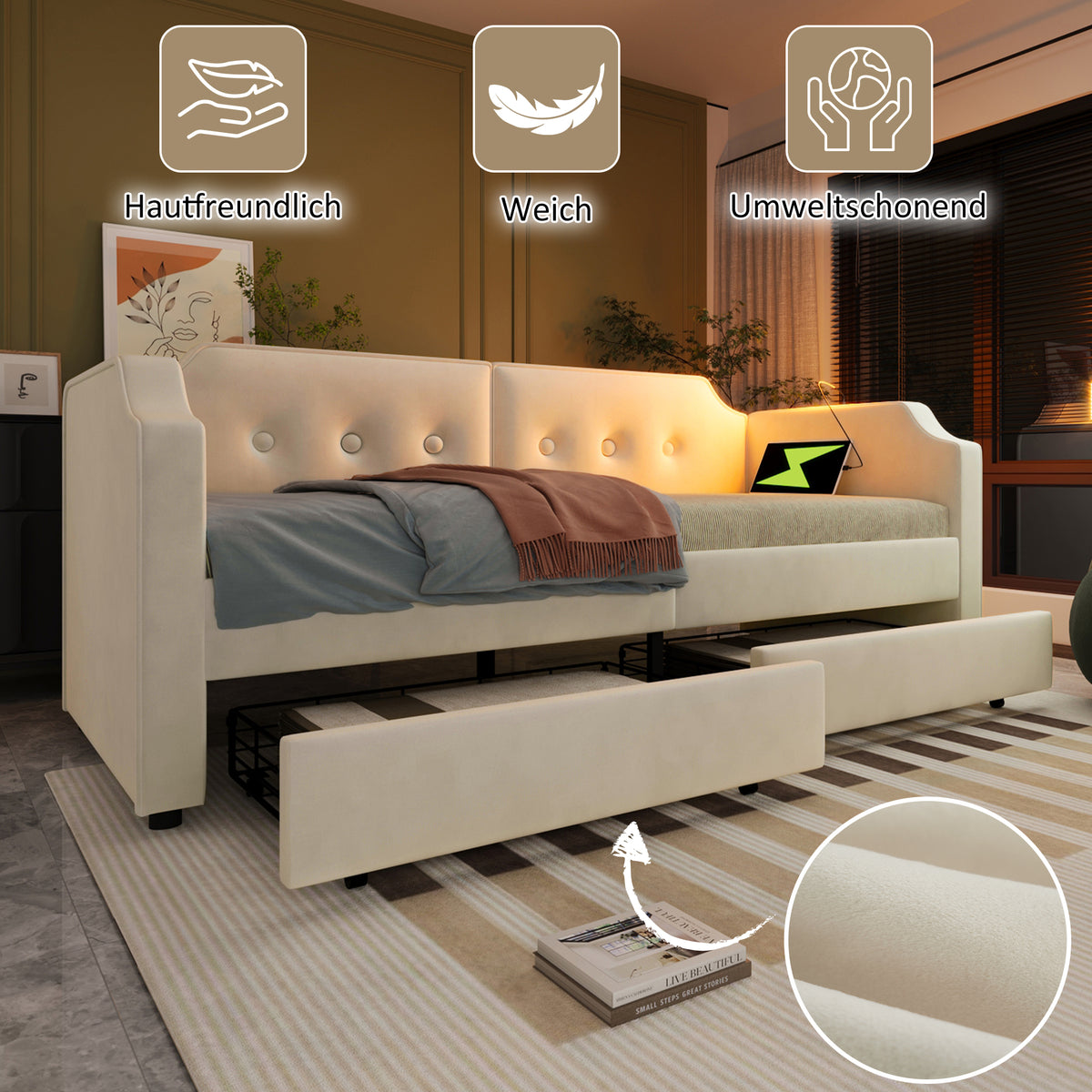 Upholstered Daybed 90x200cm with USB & 2 Drawers, Beige Velvet
