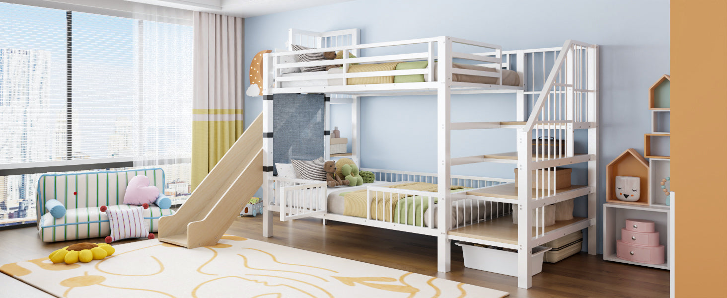 Children's Metal Loft Bed with Slide, Storage Stairs and Integrated Shelves, 90x200cm, White
