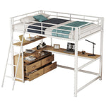 Loft Bed with L-Shaped Desk and Storage Drawers, White Metal Frame