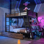 Loft Bed 140x200cm with Desk, LED & Drawers, Black Iron