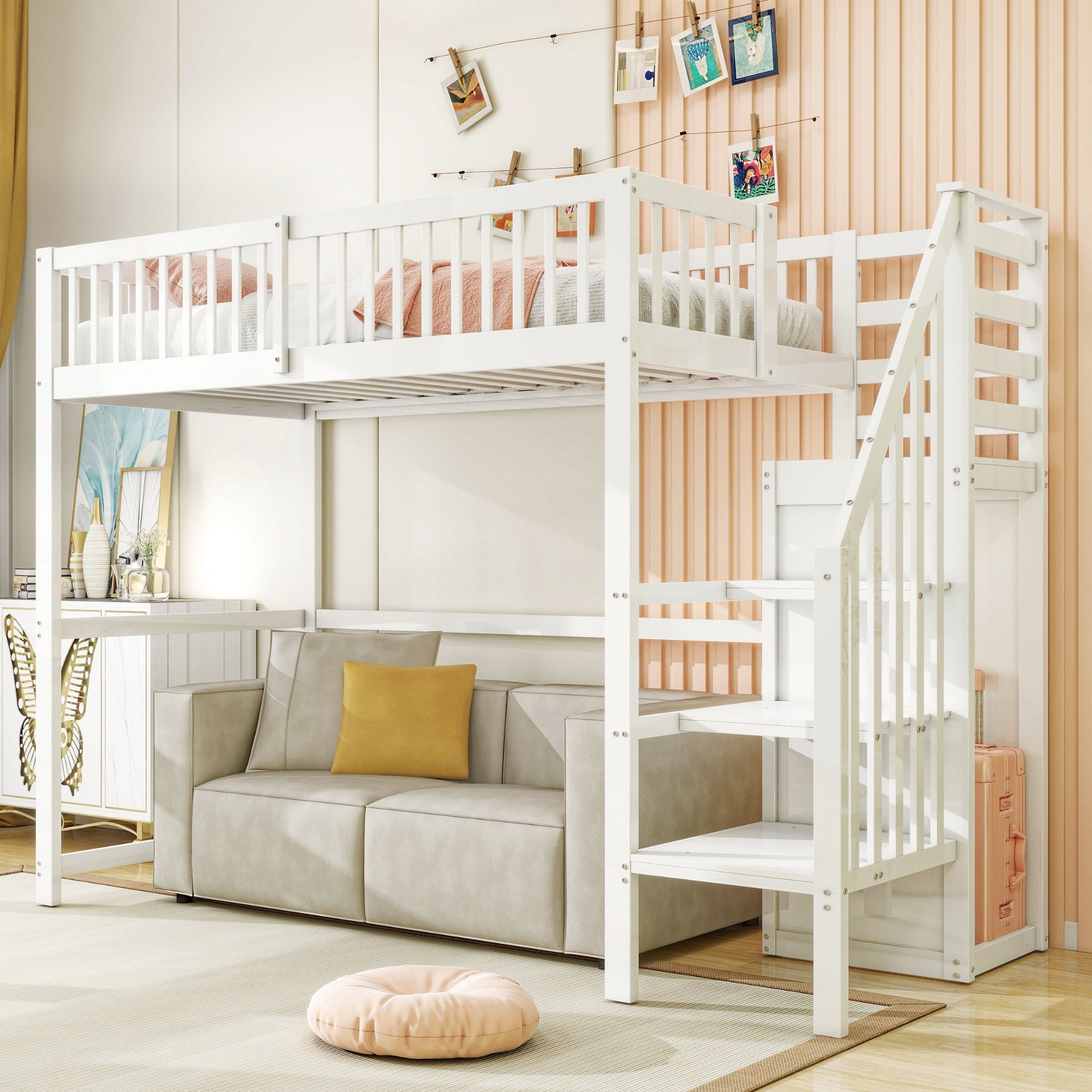 Loft Bed 90x200 with Stairs Storage Shelf Wardrobe, White Wooden