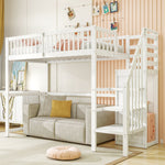 Loft Bed 90x200 with Stairs Storage Shelf Wardrobe, White Wooden
