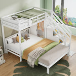 Multifunctional Bunk Bed with Wardrobe and Storage Stairs, 90x200cm and 140x200cm, White Solid Wood and MDF