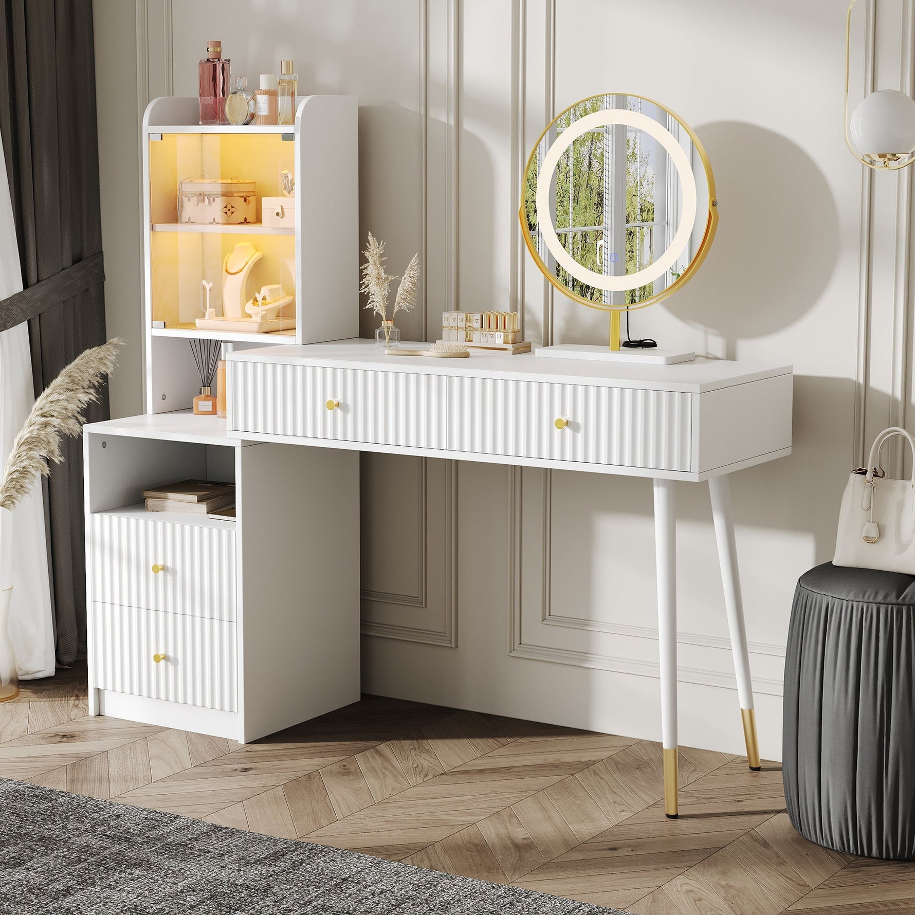 Dressing Table Set Tri-Color LED Mirror 4 Drawers Illuminated Cabinet White