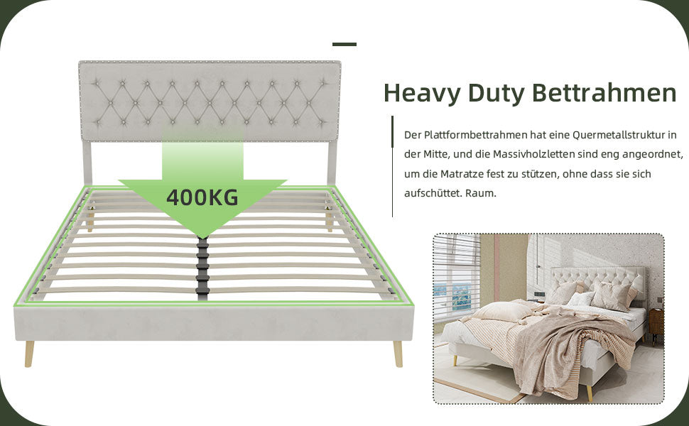 Modern Minimalist Soft Bed, Comfortable Headboard, Low Box Frame, 140x200CM, Beige