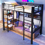 Loft Bed with Storage Shelves, Clothes Rail and LED Light Strip, Black Metal