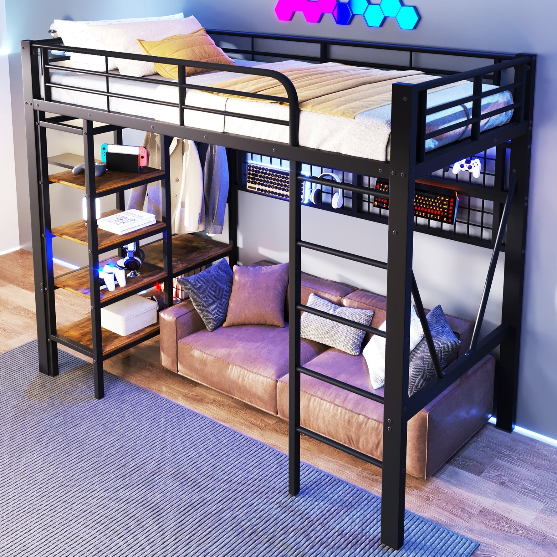 Loft Bed with Storage Shelves, Clothes Rail and LED Light Strip, Black Metal