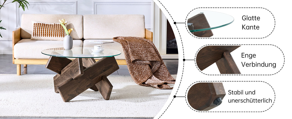 Round Coffee Table 79cm Tempered Glass Top Deep Legs - Walnut Wood Grain MDF