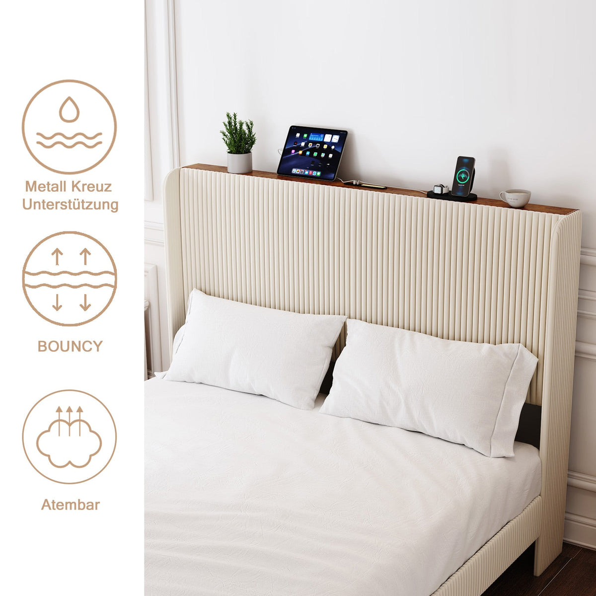 Bed Frame 140x200 Upholstered Platform Wing Edge Design Metal Slats Fabric Headboard