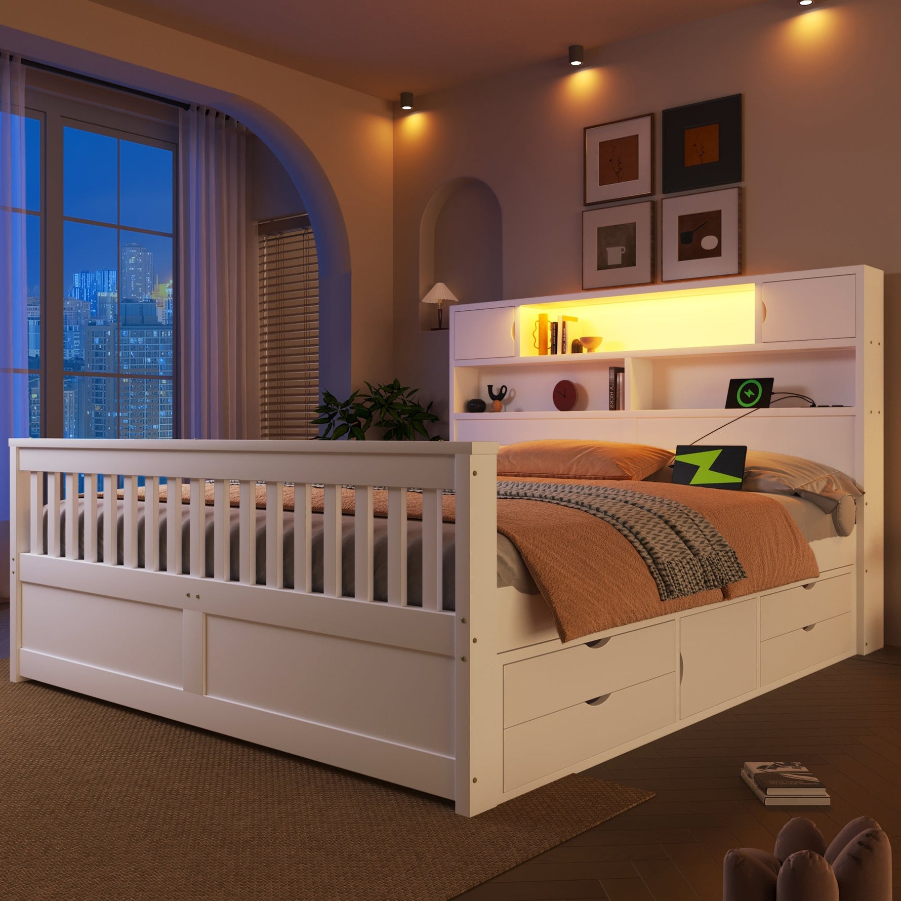 Platform Bed Frame with Storage Shelves, LED, USB and 4 Drawers, 160x200cm, White