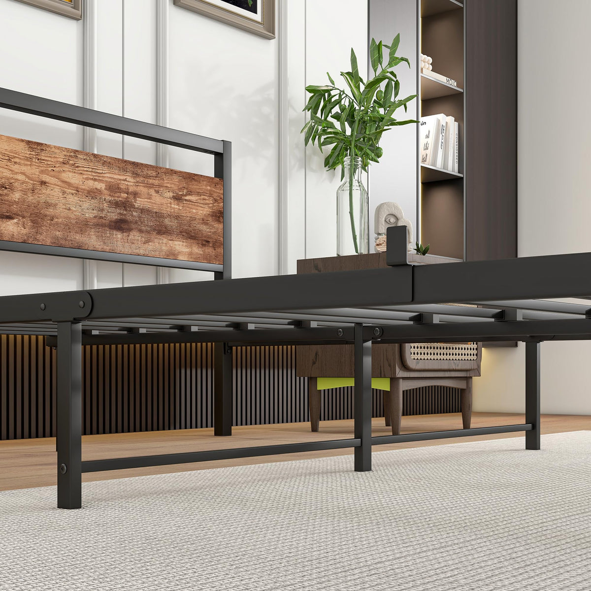 Bed Frame 140x200 cm with Slatted Base & Storage, Metal & Wood