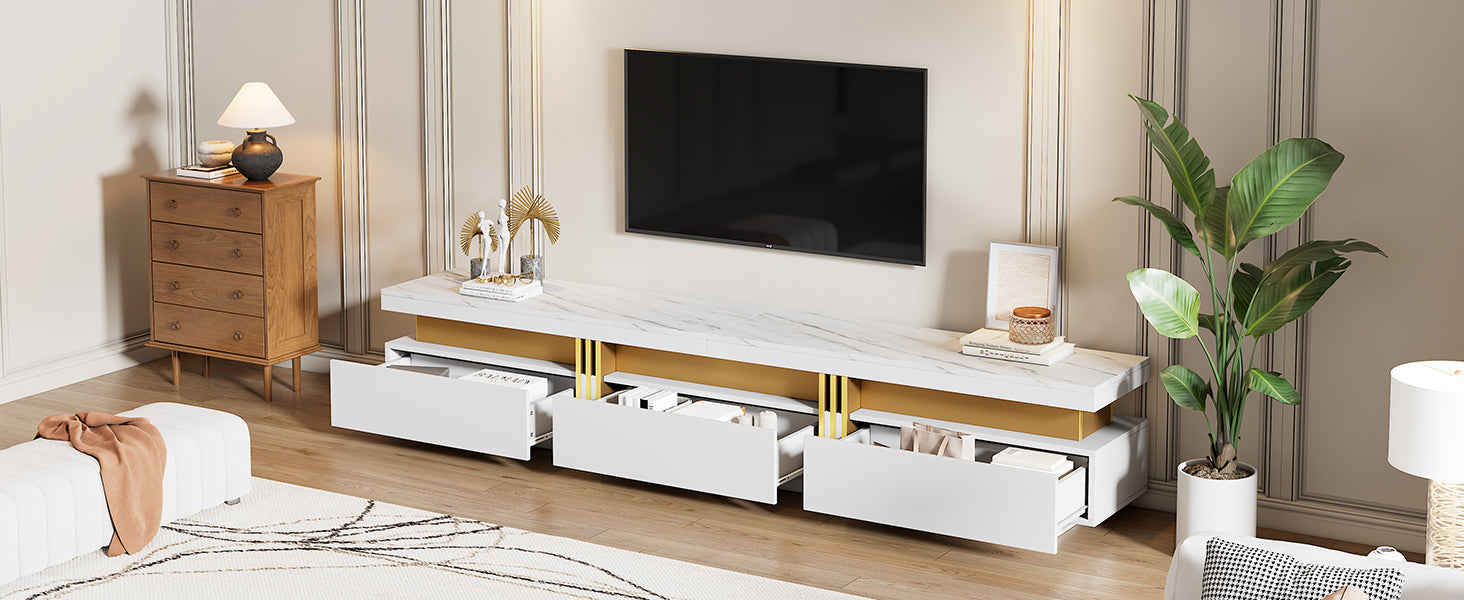 Lowboard TV Cabinet Modern 200cm 3 Drawers Cable Management - Marble Look