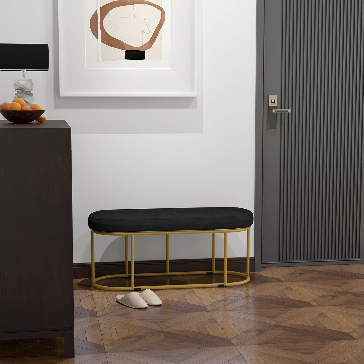 Upholstered Bench, Velvet Look, 200kg, Steel, Black
