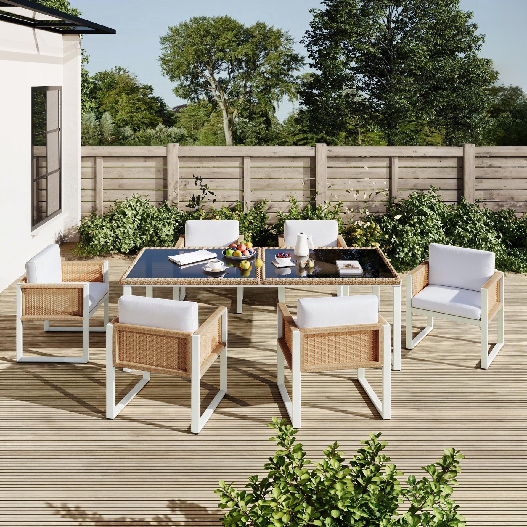 Garden Dining Set, 6-Person Table and Chairs with Washable Covers, Polyrattan