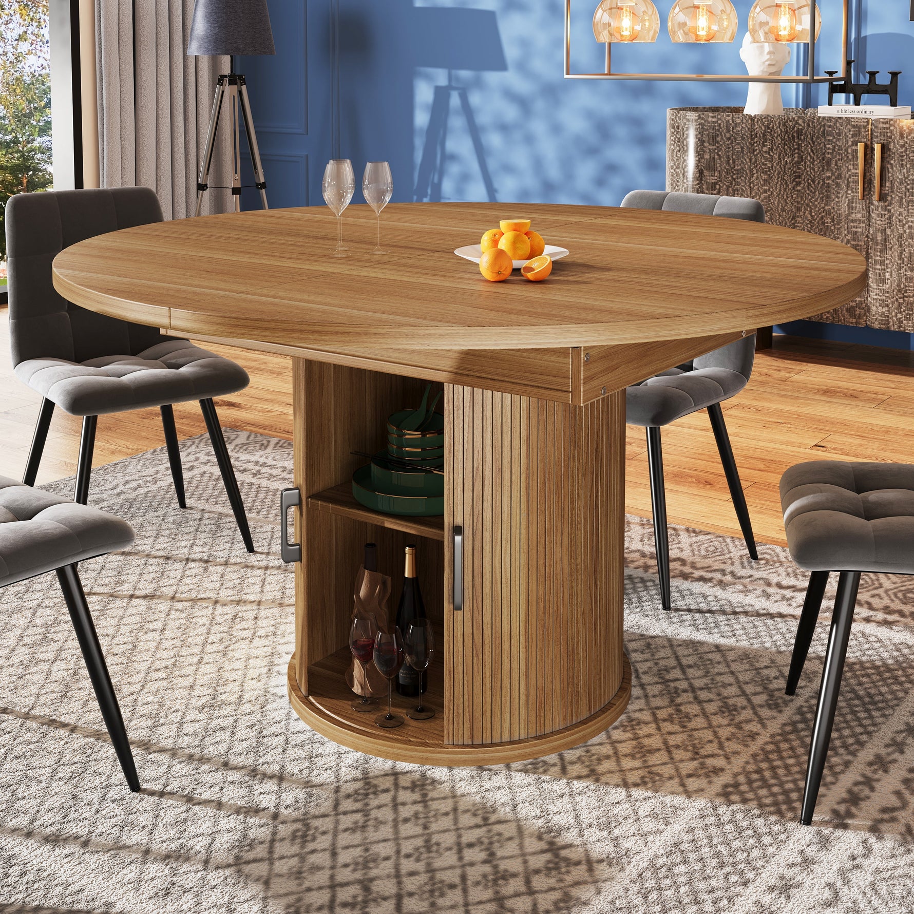 Extendable Round Dining Table, Oval Extension for 6 People, Walnut and Black