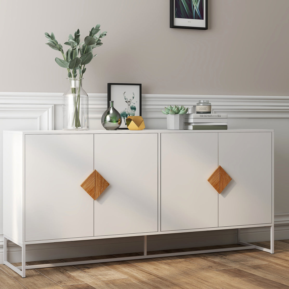 Sideboard, 4 Doors Double Storage Square Handle Design, Solid Wood