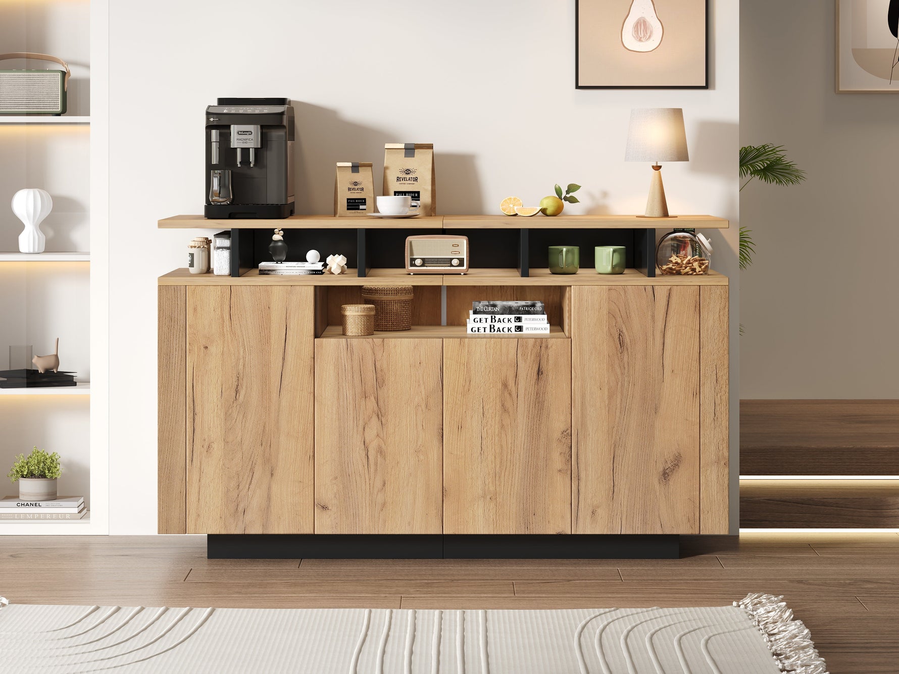 Sideboard Chest of Drawers with 4 Doors and 3 Open Compartments, Natural