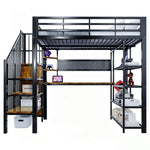 Iron Loft Bed 140x200cm with Desk, Pegboard & LED, Black