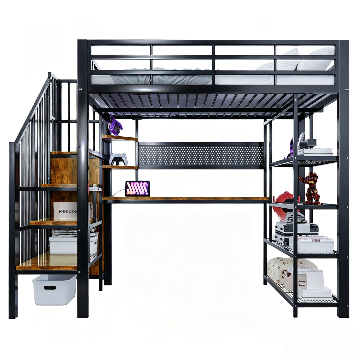 Iron Loft Bed 140x200cm with Desk, Pegboard & LED, Black