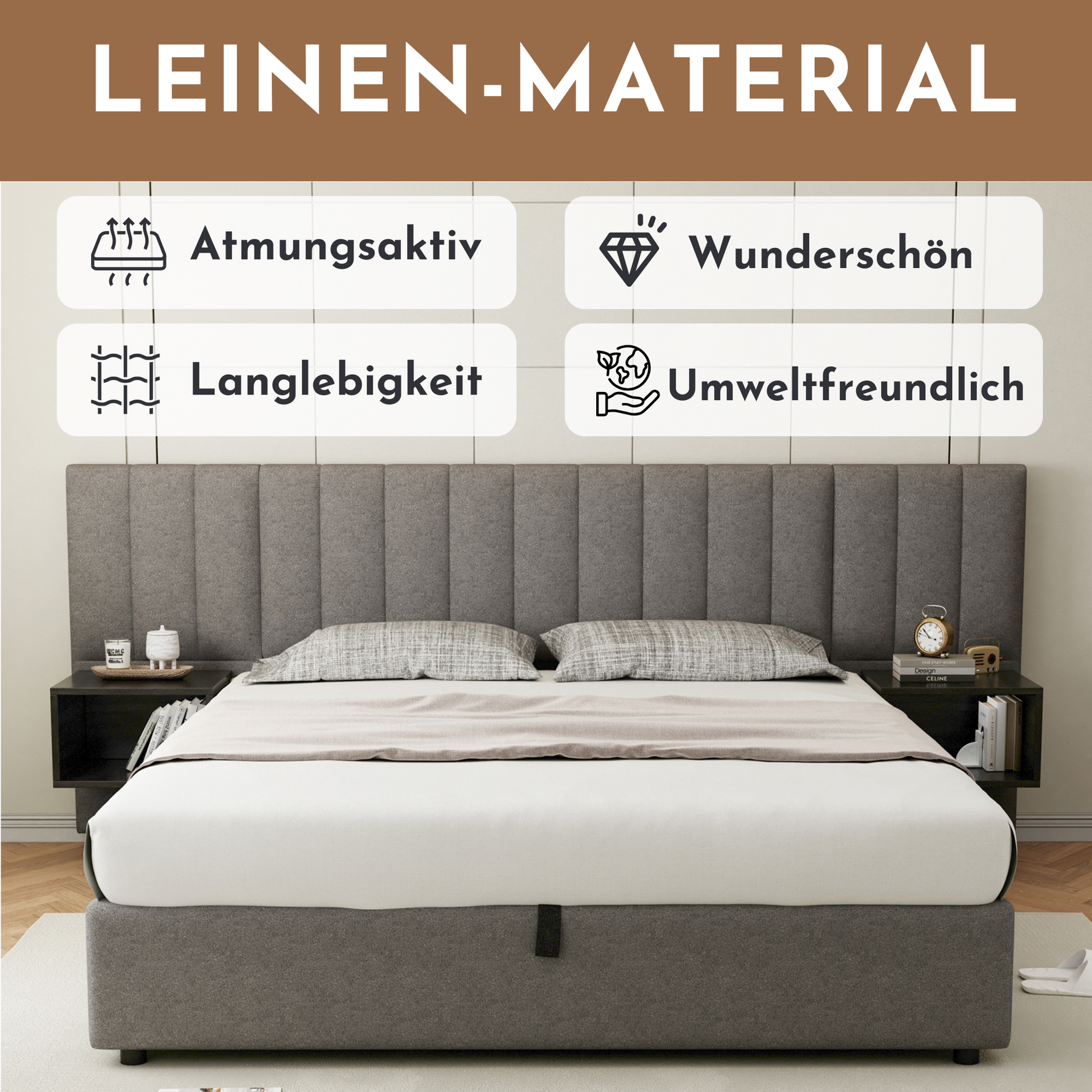Upholstered Bed 180x200cm Hydraulic Storage 2 Bedside Tables - Linen Grey/Black