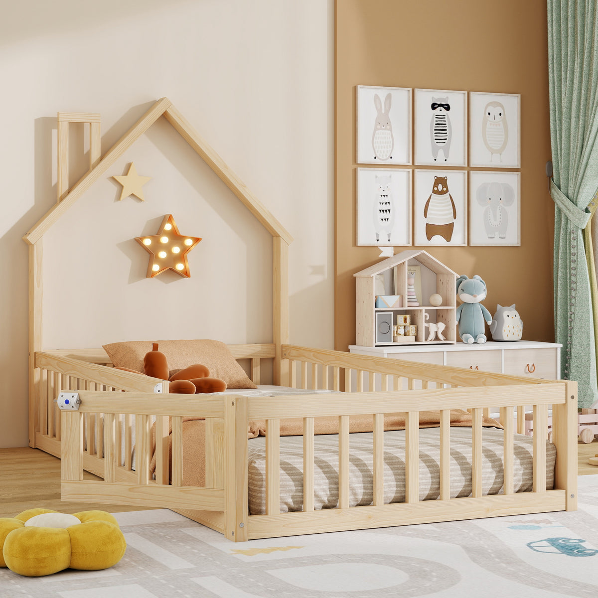 Children's House Bed 90x200 cm Chimney Shape, Natural Pine Wood