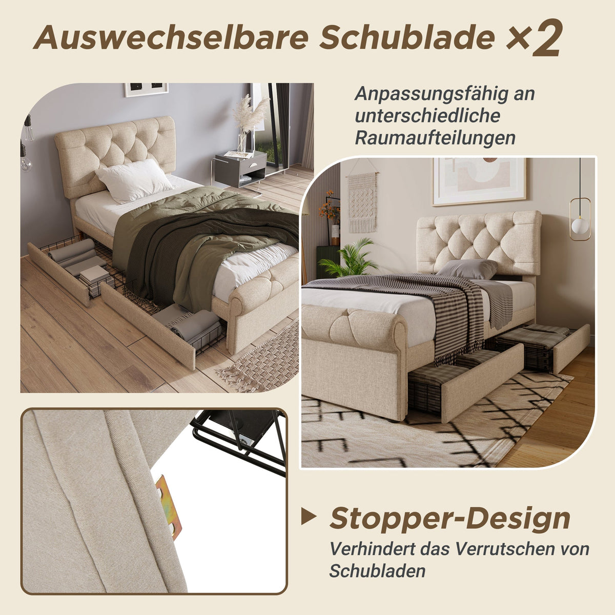 Single Upholstered Bed, 90x200cm, 2 Drawers, Adjustable Headboard, Chesterfield, Natural