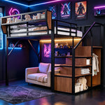 Loft Bed 140x200 with LED Light Strip & Storage, Black
