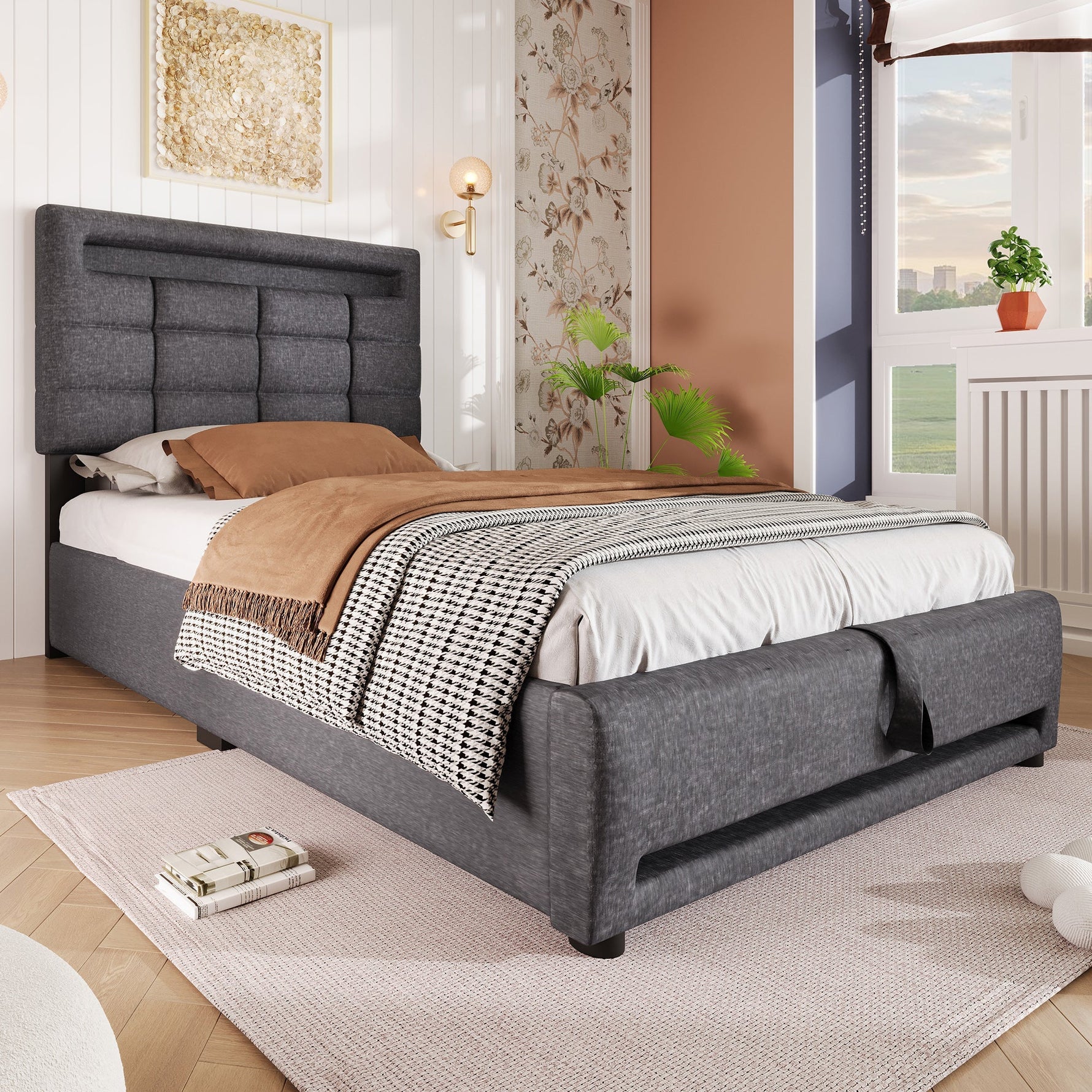 Upholstered Bed with LED Lights, APP Control, Hydraulic Storage and USB Port, Grey Linen