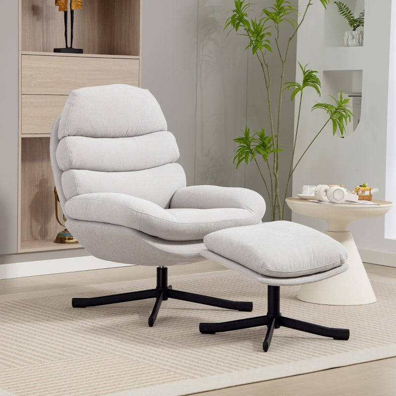Reclining Armchair & Footstool Chenille Fabric - Cream White