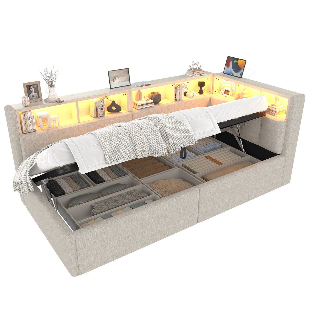 Daybed 90x200cm with Hydraulic Storage & LED, Beige Linen
