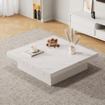 Modern white square coffee table, 90 x 90 x 25 cm with four drawers, sliding tabletop, 30 kg load capacity, marble look