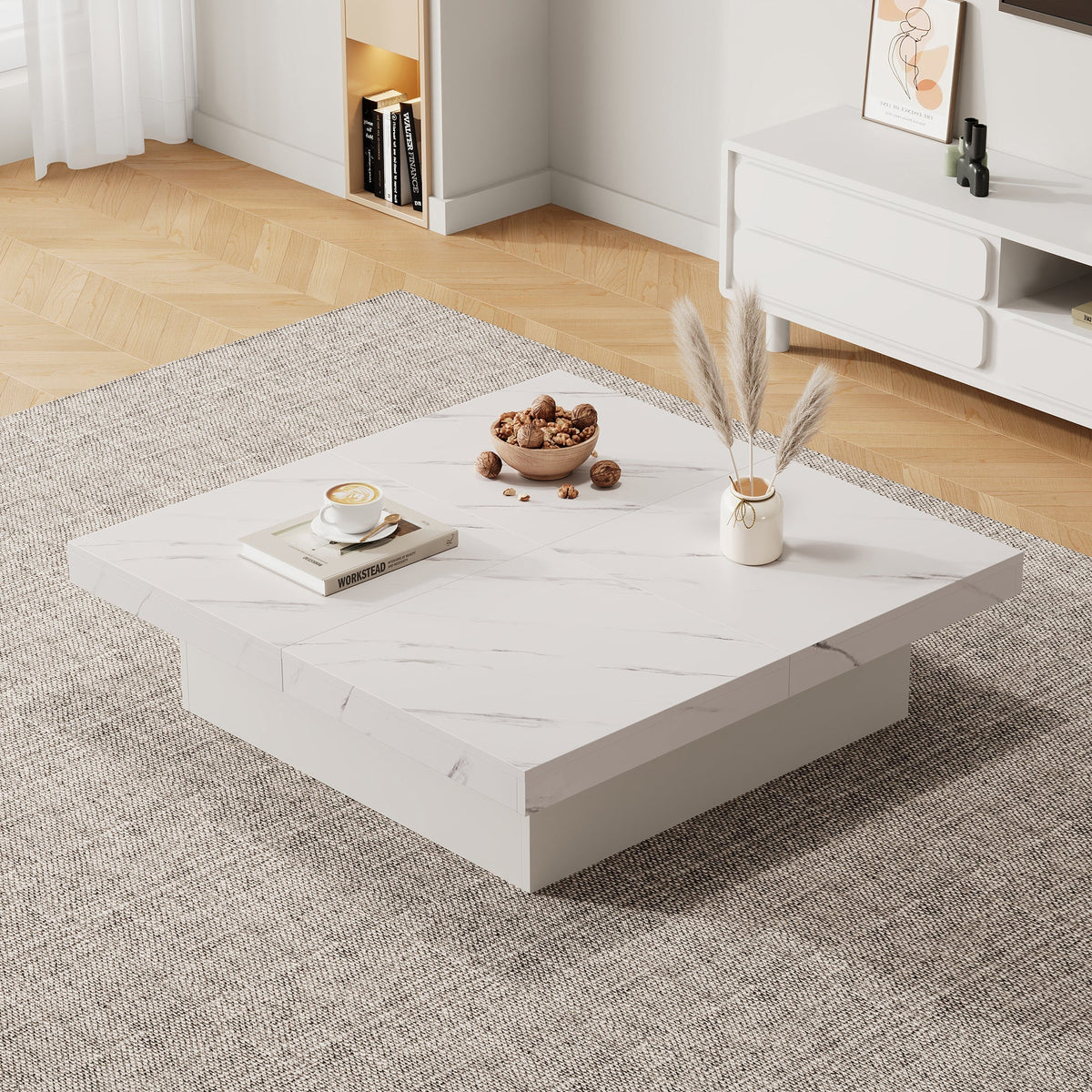 Modern white square coffee table, 90 x 90 x 25 cm with four drawers, sliding tabletop, 30 kg load capacity, marble look