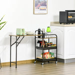 Kitchen Trolley with Folding Table Top, 2 Trays, Wheels, and Adjustable Foot Pads, Metal