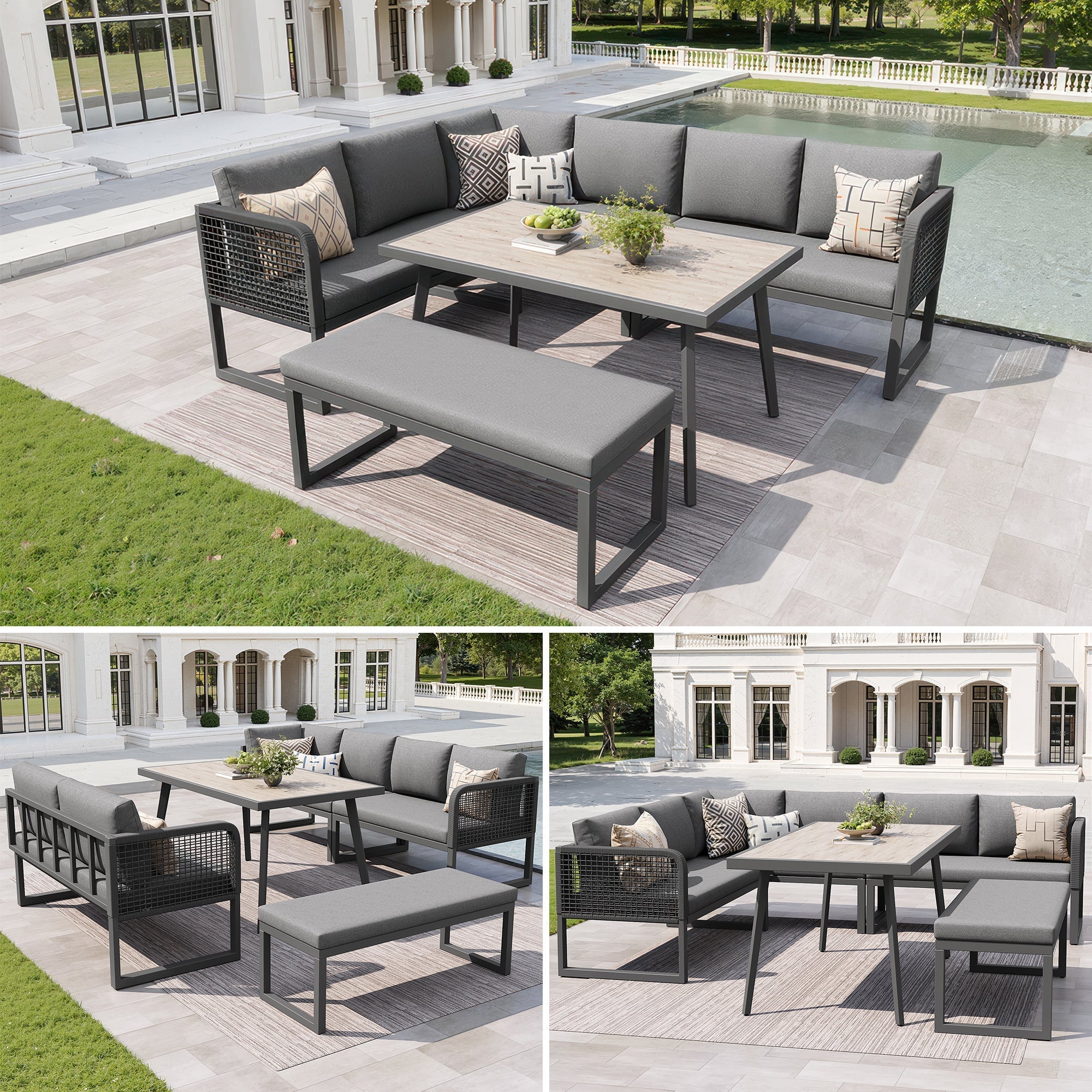 Patio Sofa Set 6-8 Seater Hand-Woven Rattan with Cushions - Grey