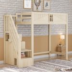 Solid Wood Loft Bed 90 x 200 cm with Safety Door and Storage Ladder, Wood Color