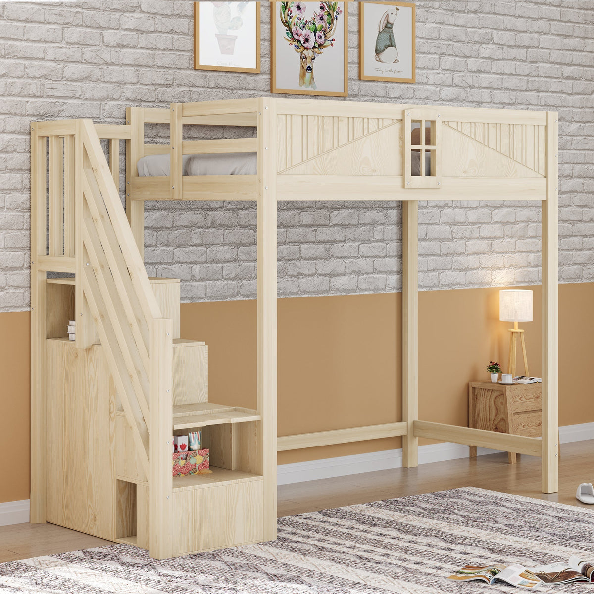 Solid Wood Loft Bed 90 x 200 cm with Safety Door and Storage Ladder, Wood Color