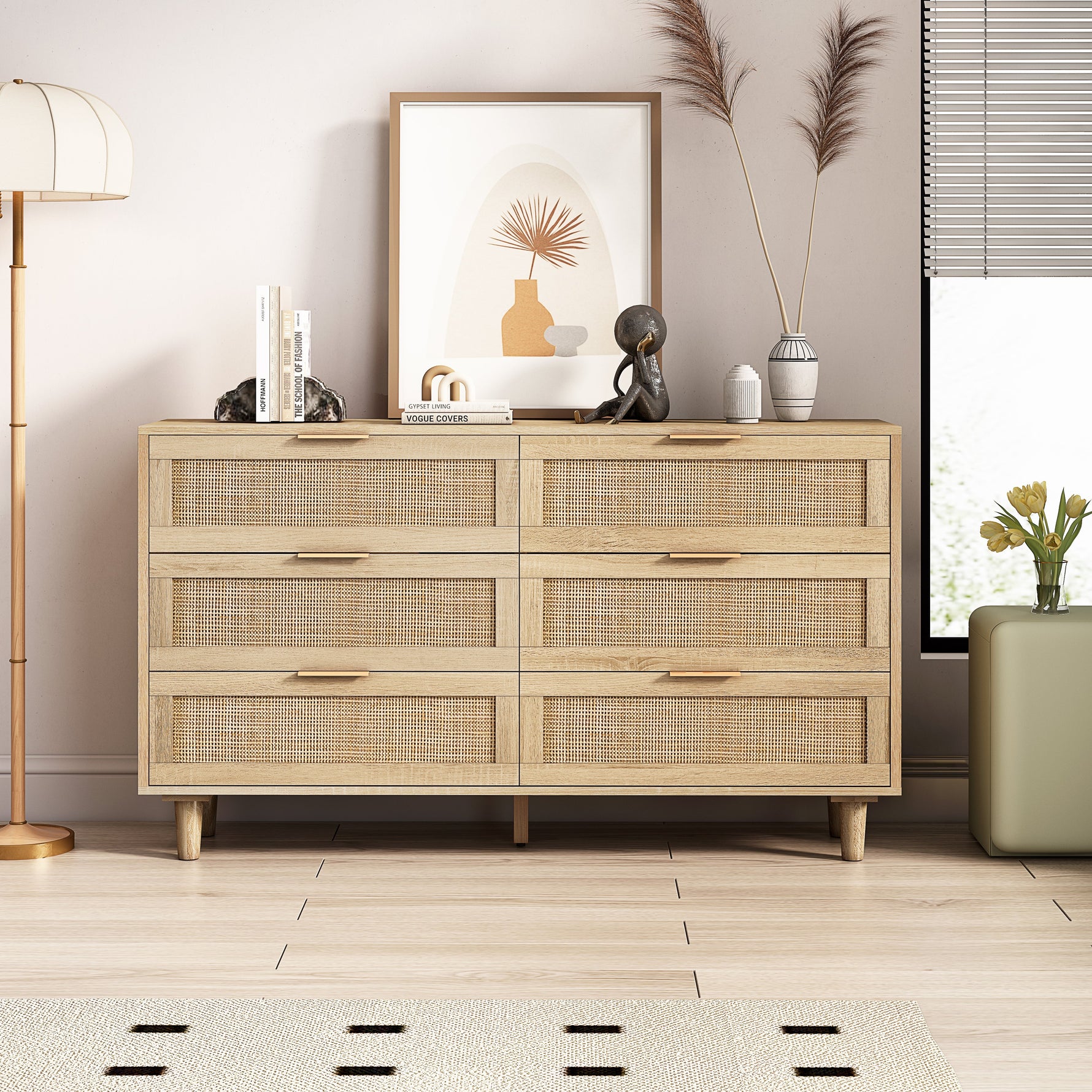 Rattan Storage Cabinet 6-Drawer 130cm Natural