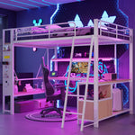 Loft Bed with Desk, LED Lights, Storage and USB Port, 140 x 200 cm, White Iron Frame