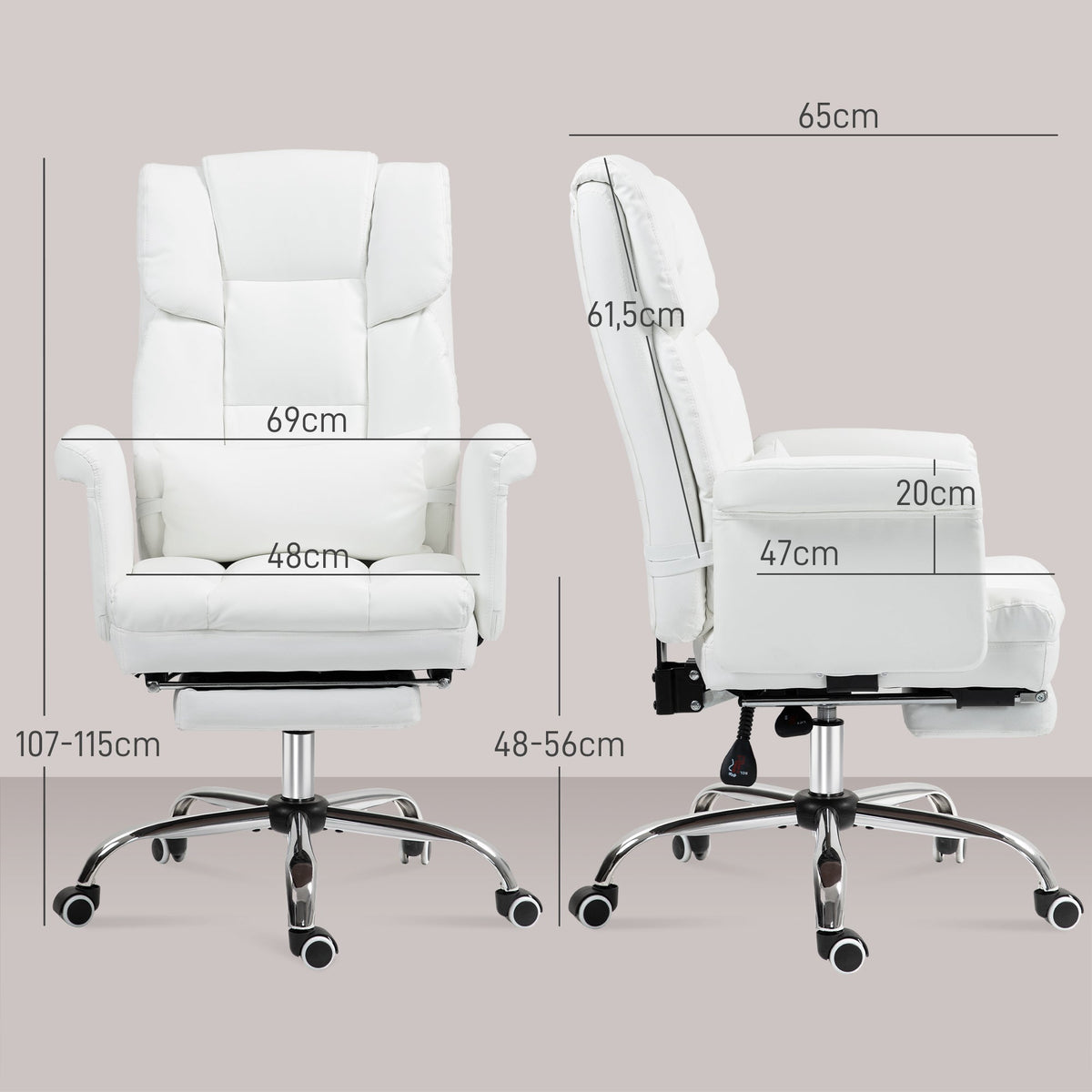 Office Chair, Ergonomic Reclining with Footrest, White Faux Leather
