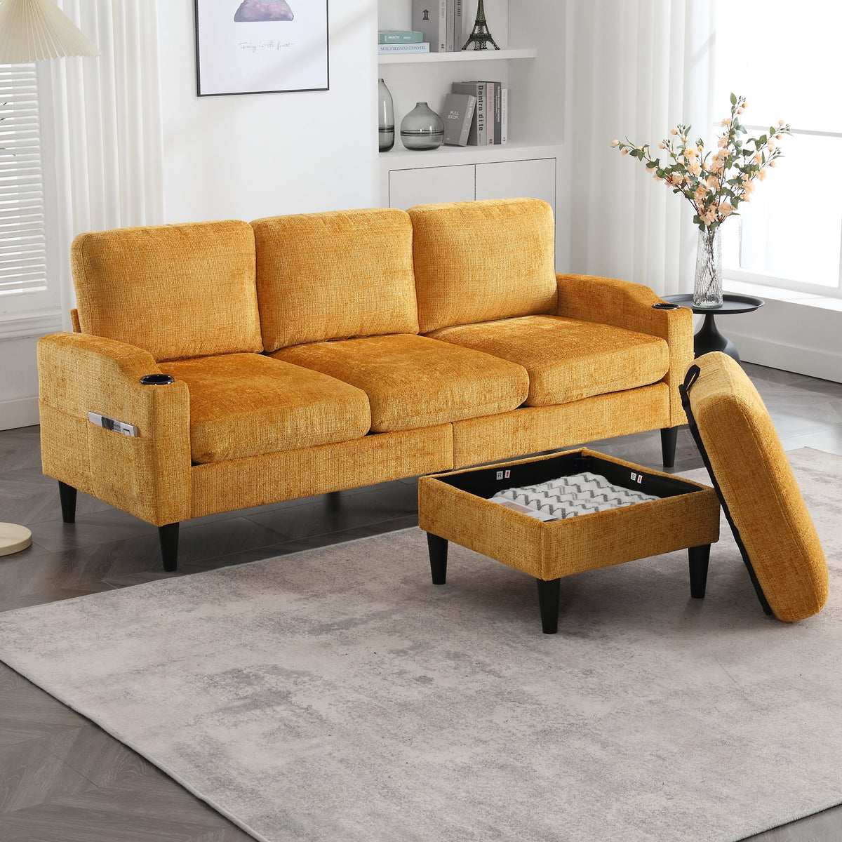Sofa, 4-Seater with Footstool, Storage & Cupholder, Velvet