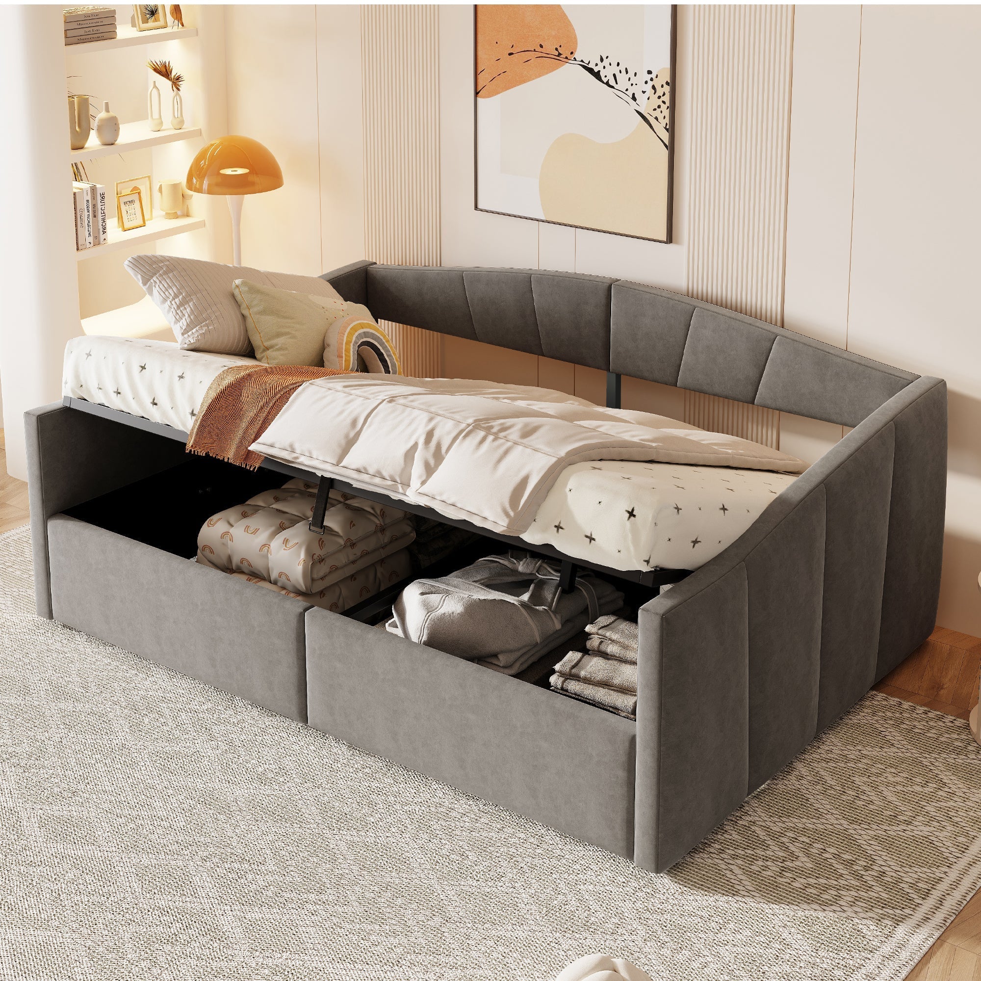 Upholstered Sofa Bed, 140x200cm, Hydraulic Support, Slatted Frame, Armrests, Velvet Fabric, Grey